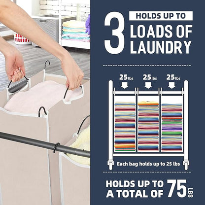 STO STO Laundry Sorter 3 Section, 3 Bag Clothes Hamper, Rolling Laundry Cart Basket with Heavy Duty Lockable Wheels and Removable Bag for Laundry Room, Bedroom, Closet, Beige
