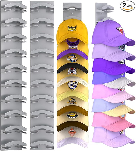Hat Organizer for Baseball Caps 2 Pack, Hat Rack for Wall Hold up to 20 Hats with Strong Adhensive, Hats Holder Hanger Space Saving for Displlay, Cap Organizer Storage Multilayer(Grey)