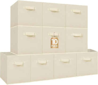 STORAGE MANIAC Storage Cubes, 11 Inch Collapsible Storage Bins with Handles, 10 Pack Fabric Foldable Bins for Organization, Durable Storage Bins for Closet, Shelves, Offices, Toys, 10-Pack Beige
