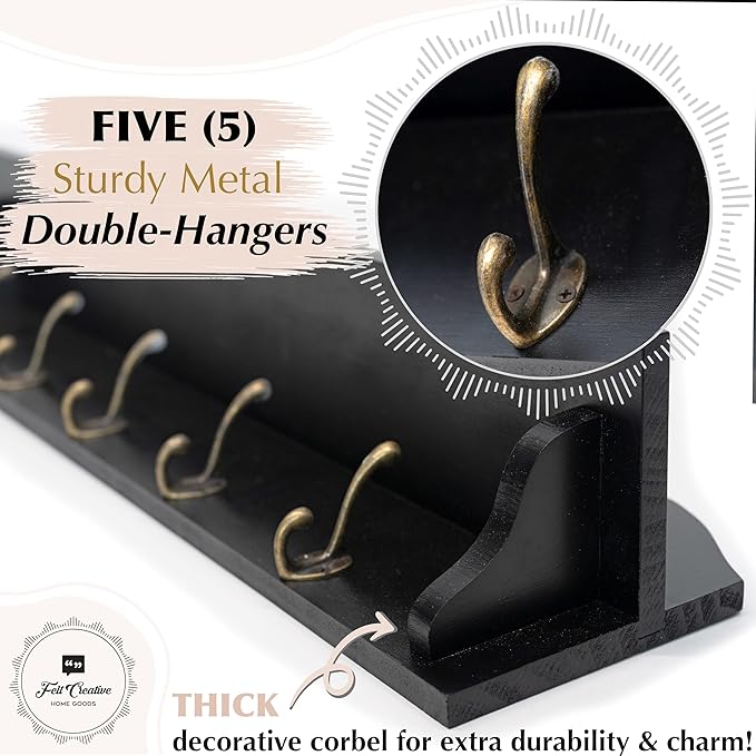 Felt Creative Home Goods Coat Hanger Wall Mount with Shelf Gorgeous 24" Farmhouse Coat Rack with 5 Hooks and Floating Shelf for Entryway, Jackets, Robes, Purses, Keys (Solid Black Pine)