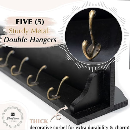 Felt Creative Home Goods Coat Hanger Wall Mount with Shelf Gorgeous 24" Farmhouse Coat Rack with 5 Hooks and Floating Shelf for Entryway, Jackets, Robes, Purses, Keys (Solid Black Pine)