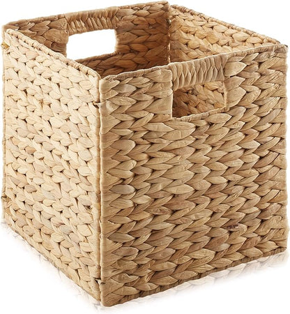 Casafield 10.5" x 10.5" Water Hyacinth Storage Baskets, Natural - Set of 6 Collapsible Cube Organizers, Woven Bins for Bathroom, Bedroom, Laundry, Pantry, Shelves