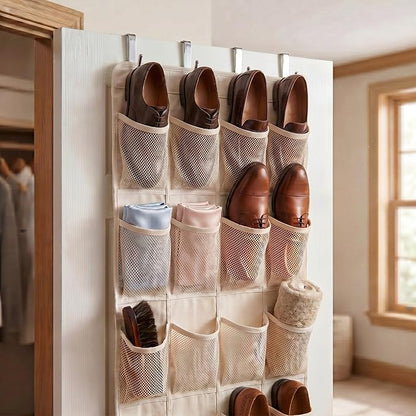 Batiyeer Over the Door Shoe Organizer Cotton Material 24 Large Breathable Mesh Pockets with 4 Pcs Hooks Closet Rack Hanger Holds up to 40 Lbs Space Saving Hanging Storage Holder