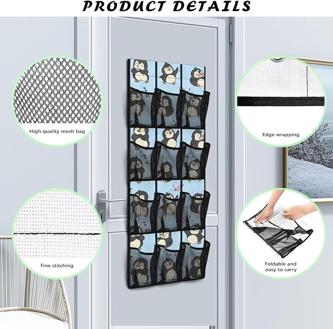 12-Section Over The Door Storage Bag Organizer, Made of Heavy Duty Oxford Cloth, Waterproof Lightweight and Perfect for Home Office or Dorm Use, Cartoon Penguin