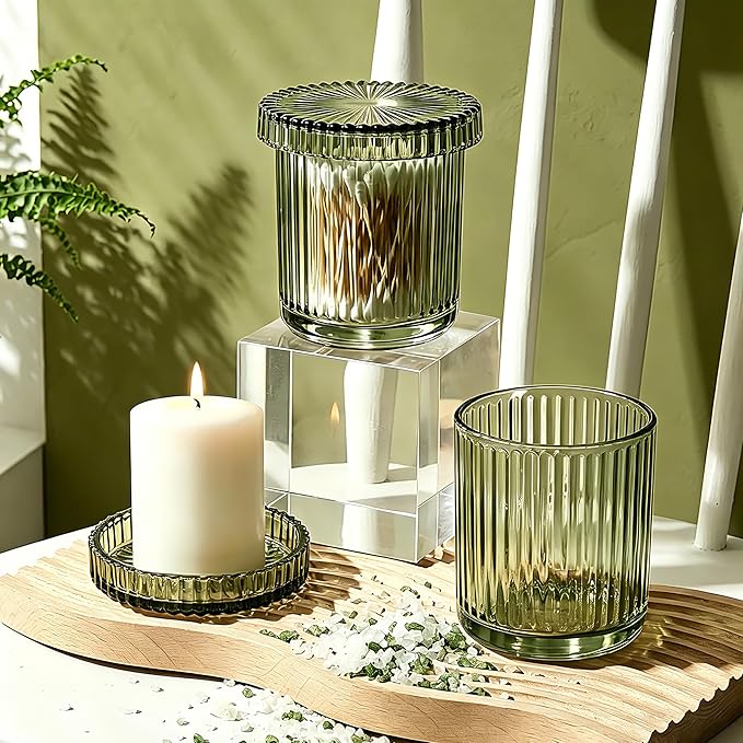 2 Pack Glass Qtip Holder Dispenser Set - Bathroom Organizer for Cotton Swabs, Balls, Pads, Floss Picks - Clear Apothecary Jars for Vanity, Makeup Storage, Bathroom Accessories Decor (Olive Green)