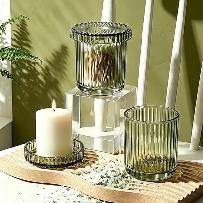 2 Pack Glass Qtip Holder Dispenser Set - Bathroom Organizer for Cotton Swabs, Balls, Pads, Floss Picks - Clear Apothecary Jars for Vanity, Makeup Storage, Bathroom Accessories Decor (Olive Green)
