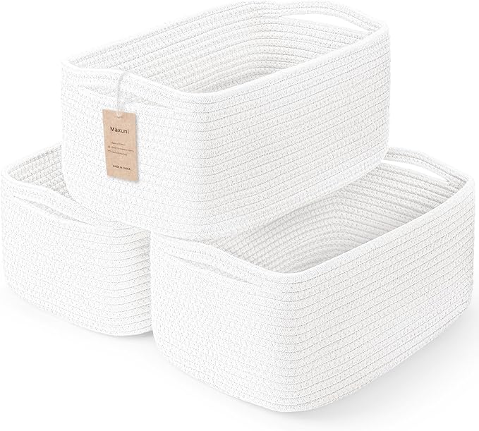 3-Pcs Shelf Baskets for Organizing, Closet Organizer Bins, Small Woven Baskets, Rope Toy Basket, Storage Basket for Shelves, Cube Decorative Box, 11.8×7.8×5.1”, White