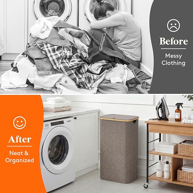 Lifewit 100L Laundry Basket with Lid, Clothes Hampers for Laundry with Bamboo Handles and 1 Removable Bag, Large Foldable Laundry Hamper for Bedroom, Bathroom, Dorm, Laundry Room, Brown