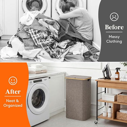 Lifewit 100L Laundry Basket with Lid, Clothes Hampers for Laundry with Bamboo Handles and 1 Removable Bag, Large Foldable Laundry Hamper for Bedroom, Bathroom, Dorm, Laundry Room, Brown
