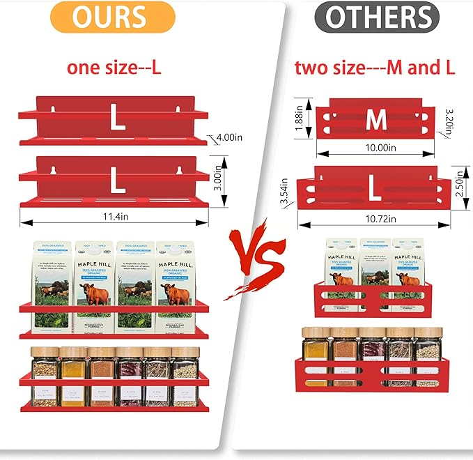 SMRCAD Magnetic Spice Rack for Refrigerator Seasoning Organizer for Spice Fridge Shelf storage Magnetic Shelf with Hook for Oven (RED -cut out, 4pack)