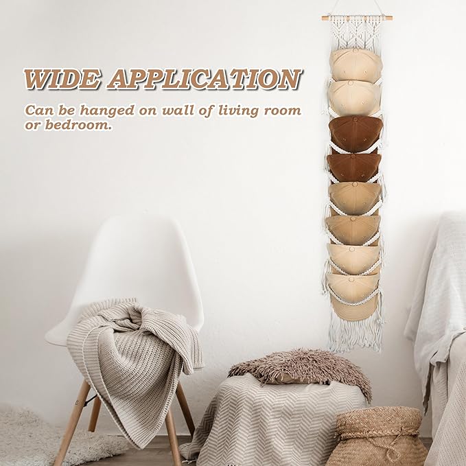 Macrame Hat Hangers for Wall Handmade Boho Baseball Cap Hanger Hand Knitting Cap Organizer Hat Holder for Wall Over Door Ball Hat Rack for Decoration Wardrobe Living Room Bedroom