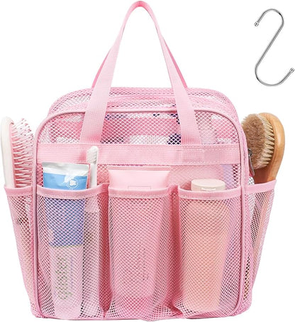 F-color Mesh Shower Caddy Portable with Zipper - Upgrade Deeper 7 Pockets Dorm Room Essentials for Guys Girls with S Hook, Shower Bag Basket Tote for College Camping Toiletry Bathroom, Pink