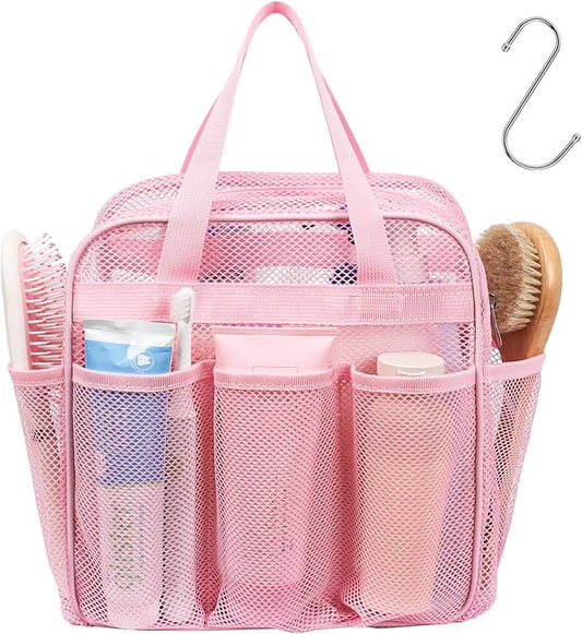 F-color Mesh Shower Caddy Portable with Zipper - Upgrade Deeper 7 Pockets Dorm Room Essentials for Guys Girls with S Hook, Shower Bag Basket Tote for College Camping Toiletry Bathroom, Pink
