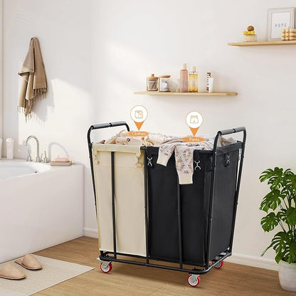 Hoctieon 2 Section Laundry Sorter Cart, 400L Rolling Hamper with Wheels, Industrial Laundry Basket Organizer, Extra Large Dirty Clothes Hamper for Home & Hotel, Heavy Duty, Black+Beige