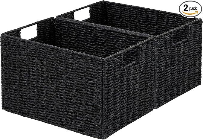 Vagusicc Wicker Storage Basket, Set of 2 Hand-Woven Paper Rope Wicker Basket, Small Storage Baskets for Organizing Toilet Paper Baskets, Foldable Large Cube Storage Organizer Bin for Shelves (Black)