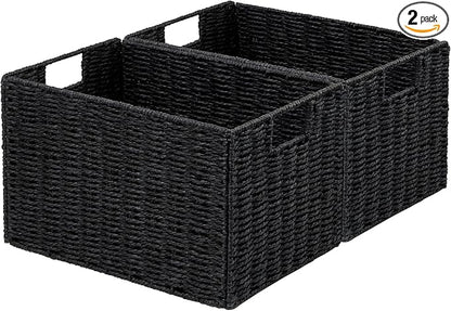 Vagusicc Wicker Storage Basket, Set of 2 Hand-Woven Paper Rope Wicker Basket, Small Storage Baskets for Organizing Toilet Paper Baskets, Foldable Large Cube Storage Organizer Bin for Shelves (Black)