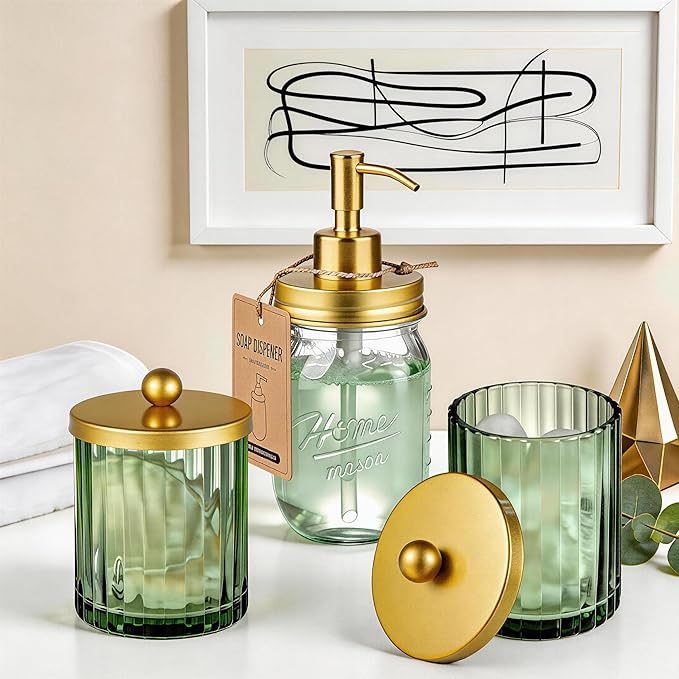 Amolliar Sage Green Glass Qtip Holder Dispenser, Bathroom Canister Apothecary Jar for Cotton Swabs, Cotton Balls, Round Pads, Floss Picks, Countertop Storage Organizer Container for Vanity,Gold 2 Pack