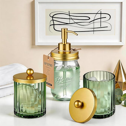 Amolliar Sage Green Glass Qtip Holder Dispenser, Bathroom Canister Apothecary Jar for Cotton Swabs, Cotton Balls, Round Pads, Floss Picks, Countertop Storage Organizer Container for Vanity,Gold 2 Pack