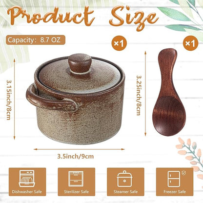 Honeydak Speckled Ceramic Salt Cellar with Lid and Wooden Spoon, Rustic Farmhouse Salt Pepper Cellar Holder for Mothers Day, Housewarming Gift, Heavyweight Spices Jar(Light Gray Retro Color,2 Set)