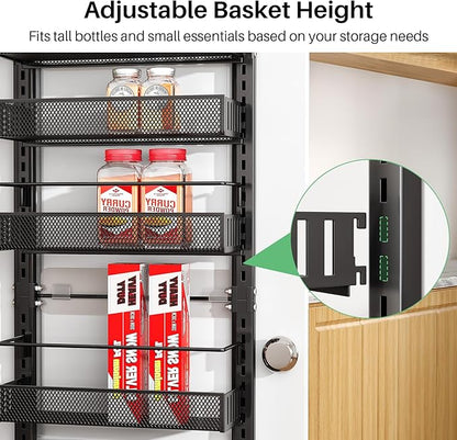 8 Tiers Over the Door Organizer - Height Adjustable Pantry Organizers and Storage with Dense Mesh Baskets, Anti-Swing Hanging Door Spice Rack for Kitchen Bathroom (Black, 12.3"W x 4.7"D x 69"H)