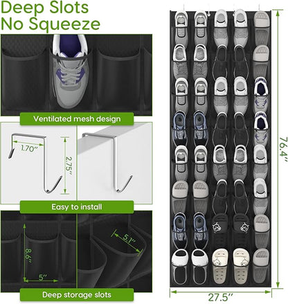 Over the Door Shoe Organizer with 40 Large Breathable Mesh Pockets, Space Saving Shoe Holder, Hanging Shoe Rack for Entryway Bedroom Closet Storage (Black, 40 Pockets)