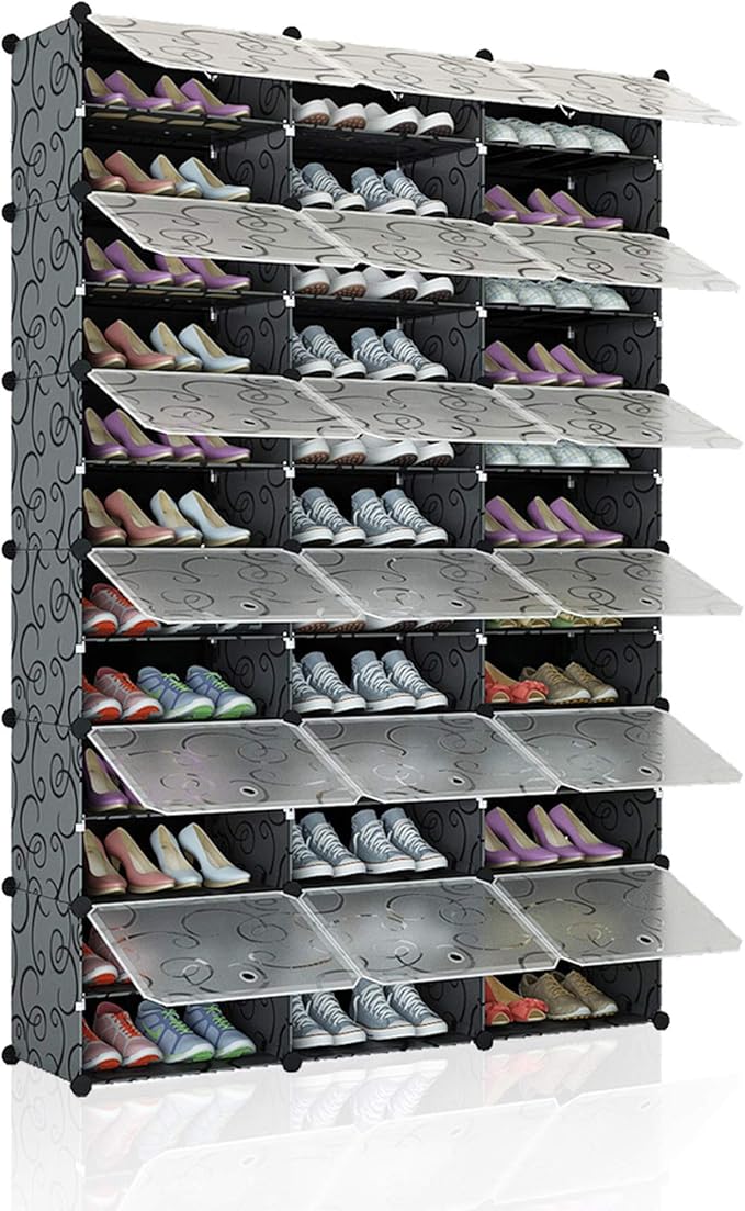 KOUSI Portable Shoe Rack Organizer 72 Pair Tower Shelf Storage Cabinet Stand Expandable for Heels, Boots, Slippers， Transparent Door