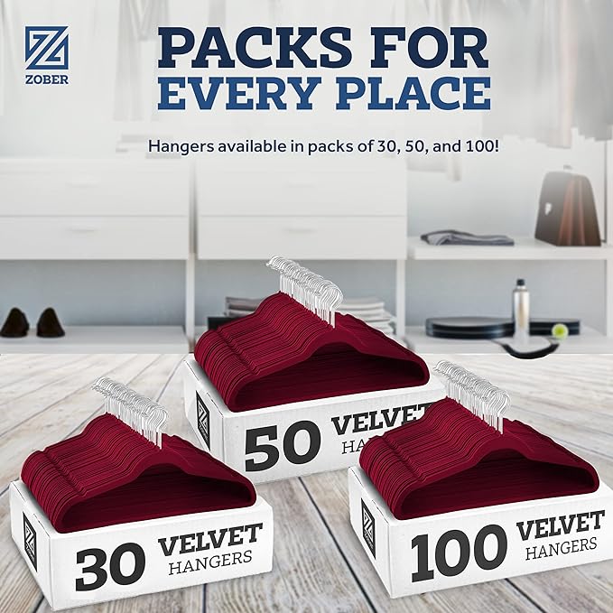 Zober Premium Quality Space Saving Luxurious Velvet Hangers Strong and Durable Hold Up to 10 Lbs - 360 Degree Chrome Swivel Hook - Ultra Thin Non Slip Suit Hangers, Royal Red/Burgundy - 50 Pack
