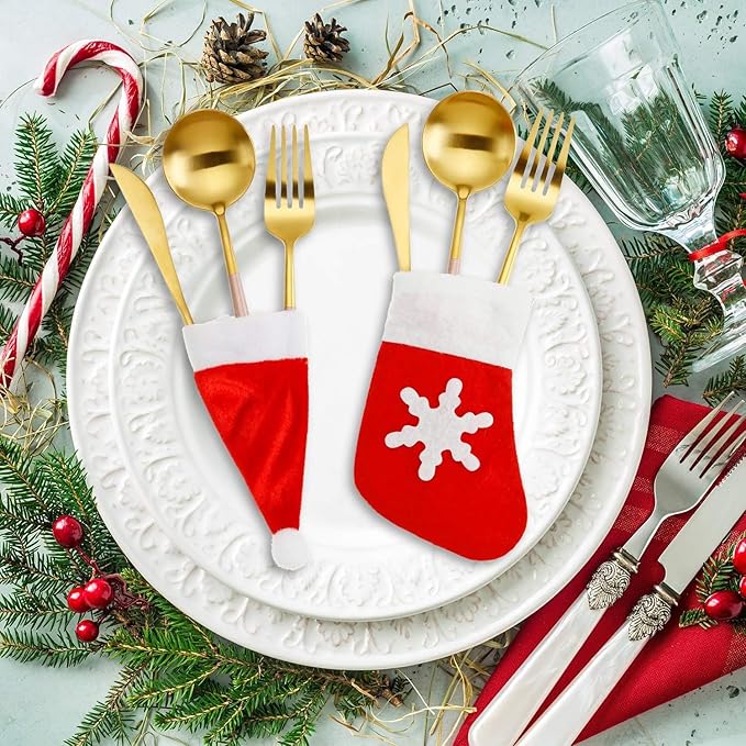 40 Pack Christmas Silverware Holders Mini Santa Hats Christmas Stocking Socks Xmas Party Dinner Table Dinnerware Decorations Non Woven Knife Fork Candy Cutlery Holder Red Wine Bottle Flatware Decor