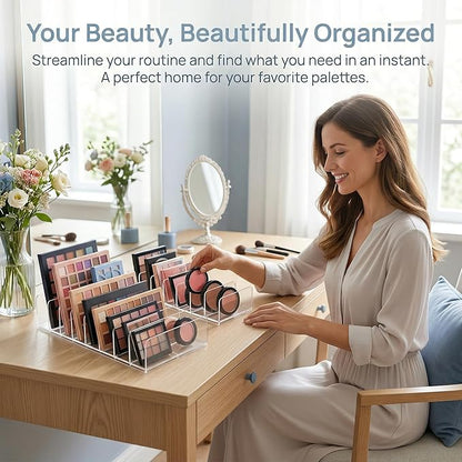 Makeup Palette Organizer, 2 Pack Clear Acrylic Eyeshadow Palette Organizer, 7-Slot Storage for Drawer, Vanity & Countertop, Dual Sizes for Palettes, Blush & Contour