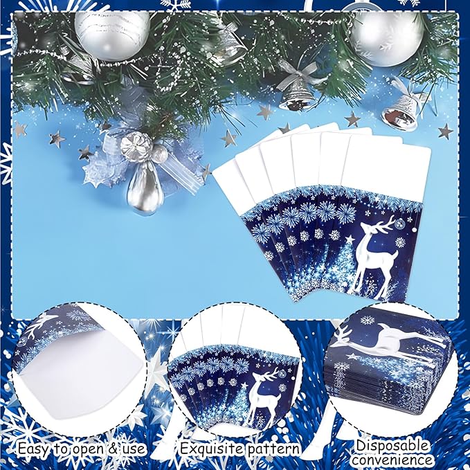 50pcs Christmas Utensil Holder Blue Xmas Deer Flatware Tableware Holder Bags Disposable Winter Knifes Forks Silverware Bags for Christmas Party Table Decoration Supplies