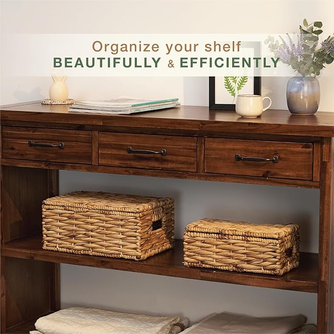 84ECO Set of 2 Wicker Baskets with Lid - Decorative Storage Boxes for Home Decor, Shelves - Woven Basket with Lid - Wicker Decor - Rattan Box - Decorative Bins with Lids (Natural)