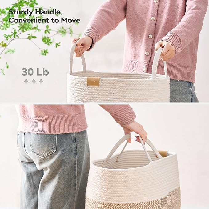 Nunsino Laundry Hamper 75L,Large Laundry Basket for Clothes,Decorative Storage Basket for Blankets,Cotton Rope Woven basket for bedroom,Brown White