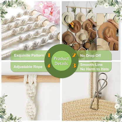 Macrame Hat Rack for Wall 31x66 in Hat Organizer with 15 Clips Hanging Hat Hanger Holder for Women Wide Brimmed Hat Storage for Fedora Boho Decorative Display
