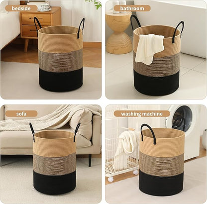 Laundry Basket Hamper Tall Rope Storage Woven for Blanket toys Dirty Clothes in Living Room Bathroom Bedroom (Jute Brown & Black, 80L/21.3Gal)