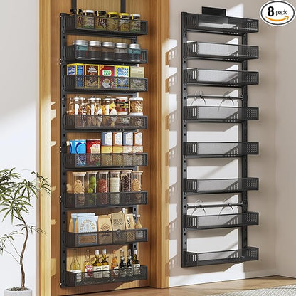 Pantry Door Organizers and Storage, 8-Tier Large Metal Heavy-Duty Frame Over the Door Spice Rack, 2 in 1 Wall-Mounted or Hanging shelf for Kitchen, Bathroom, Laundry Room, Bedroom, Closet &Nursery