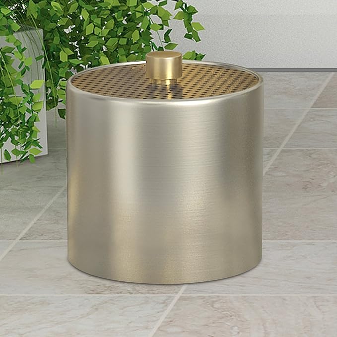 nu steel Selma Decorative Steel Bathroom Vanity Countertop Storage Organizer Canister Jar for Cotton Swabs, Rounds, Balls, Makeup Sponges, Bath Salts - Pewter & Gold Finish