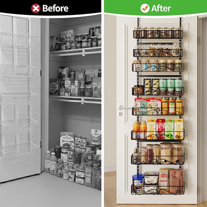 Over the Door Pantry Organizer, 8-Tier Adjustable Metal Hanging Storage Rack, Heavy Duty Door Mount Organizer for Kitchen Pantry Laundry Room Bathroom, Black