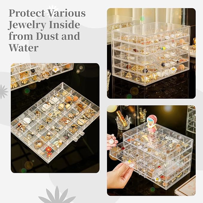 Homaisson Earring Storage Box Organizer, Acrylic Jewelry Storage Box Holder with 5 Drawers, Transparent Jewelry Display Stand with 120 Small Compartments, Earring Gift Box for Women