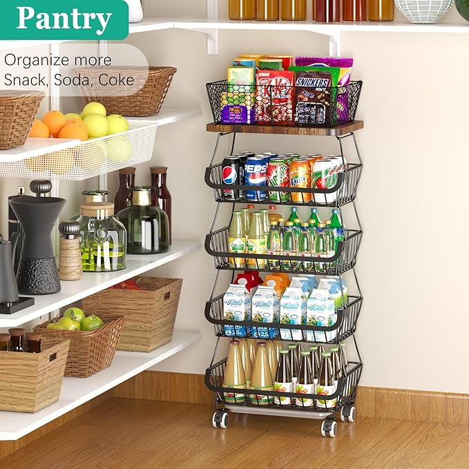CHLORYARD Fruit Basket with Wooden Lid for Kitchen, 5-Tier Stackable Wire Fruit Vegetable Storage Basket Organizer Stand on Wheel, Produce Basket Potato Onion Storage Bins Rack Cart for Pantry