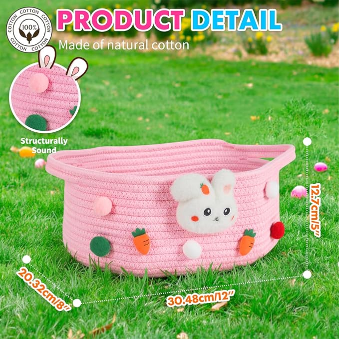 ShellKingdom Empty Gift Basket with Gift Bags and Ribbon, Birthday Basket for Boys Girls, Storage Woven Basket with Handles for Home Organizer, 12 X 8 X 5 INCH, Easter Pink