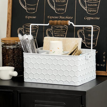Silverware Caddy for Party Kitchen Flatware Holder for Countertop Metal White Honeycomb Pattern Embossed Cutlery Organizer with 4 Compartments for Utensils, Spoons, Knives, Forks