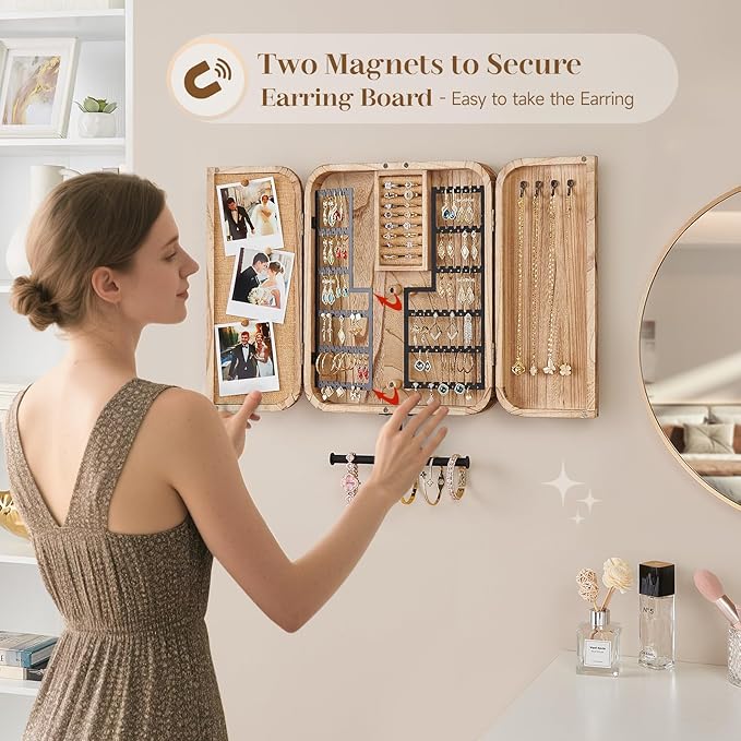 Pinzoveco Hanging Jewelry Organizer, Wall Mounted Jewelry Organizer for Earring Holder Organizer, Jewelry Cabinet Holder Jewelry Storage Box for Earrings, Necklaces, Bracelets, Ring Holder