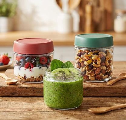 Povinmos® 3Pack Overnight Oats Containers with Lids,10oz Glass Jar with Scew Lid,Salad Dressing Fruit Veggies Sauce Snacks Meal Prep Food Containers,Spice Jars,Wide Mouth Storage Containers