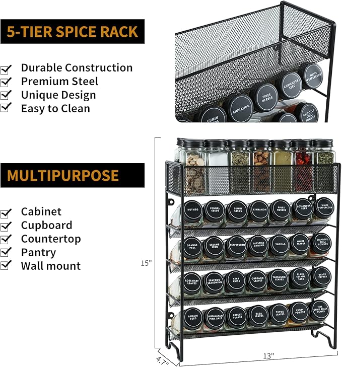 Skiileor Spice Rack Organizer with 28 Spice Jars, Black Lids，Spice Labels, Chalk pen and Funnel Set for Cabinet, Countertop, Pantry, Cupboard or Wall Mount