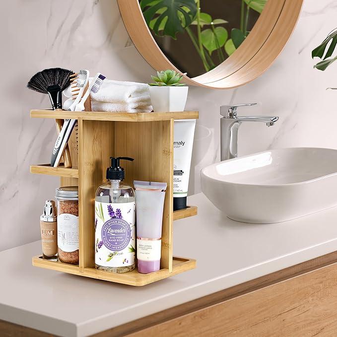 Sorbus 360° Makeup Organizer - Bamboo Wood Make Up Storage Carousel for Cosmetics, Skin Care Rotating Makeup Organizer for Vanity, Bathroom Storage