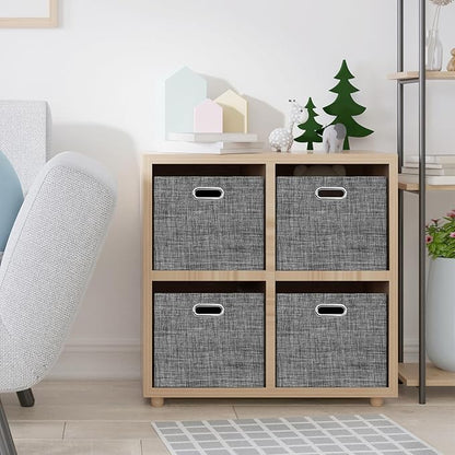 Posprica Closet Storage Bins, 4 Pack Large Closet Shelf Organizers, Linen Fabric Decorative Storage Baskets for Organizing, Foldable Storage Box for Clothes, Toy, 16.5x12x10.25 Inch (Black)