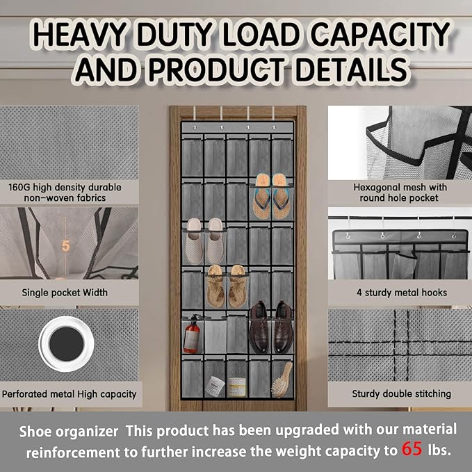 Kotkn Over the Door Shoe Organizer with 30 Breathable Mesh Pockets - Large Capacity Closet Storage for Men & Women, Hanging Shoe Rack Organizer (Gray)