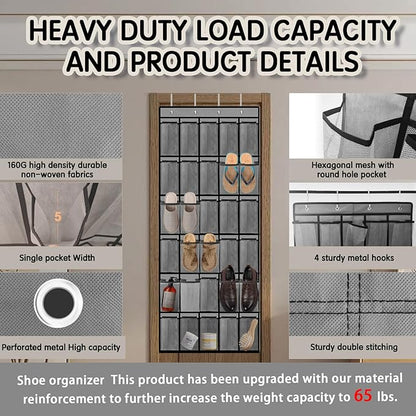 Kotkn Over the Door Shoe Organizer with 30 Breathable Mesh Pockets - Large Capacity Closet Storage for Men & Women, Hanging Shoe Rack Organizer (Gray)