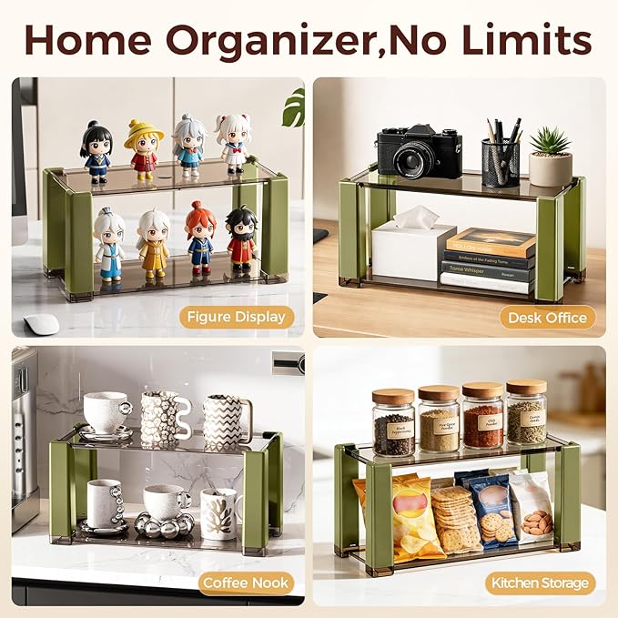 2-Tier Modern Minimalist Display Shelf, Multi-Purpose Organizer for Makeup,Perfume, Mugs, Figures, Clear Desktop Storage with Sturdy Frame for Bathroom, Kitchen, Office, and Home Decor Green