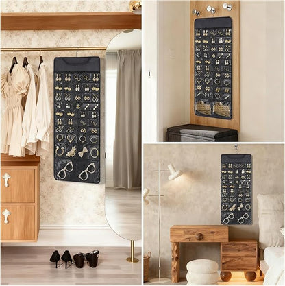 FOREGOER Hanging Jewelry Organizer with 88 Zippered Pockets, Dustproof Foldable for Travel, Accessories Organizer for Holding Jewelries, Earring Organizers and Storage (Black)